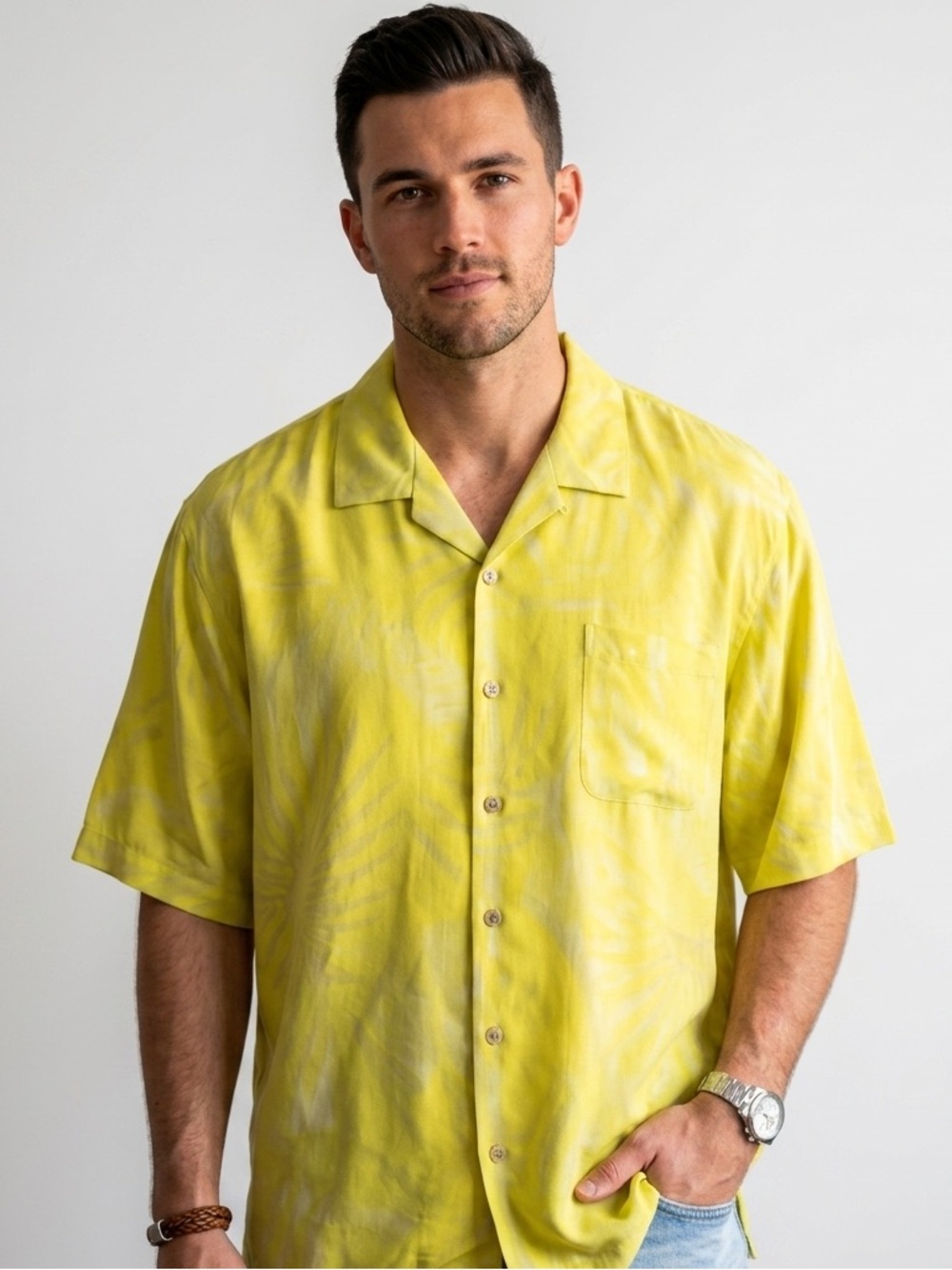 Tommy Bahama Silk Button Front Shirt Yellow Floral Hawaiian Resort L Large